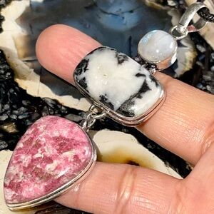 Crystal Pairing: Large Pink Thulite, Rainbow Moonstone, White Bufalo Turquoise